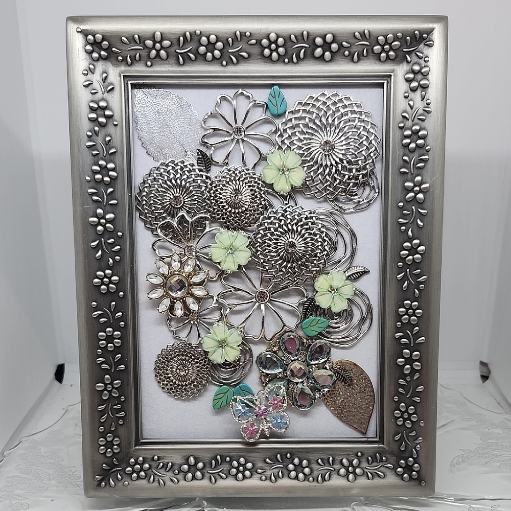 Silver Floral Mixed Media Jewerly Art